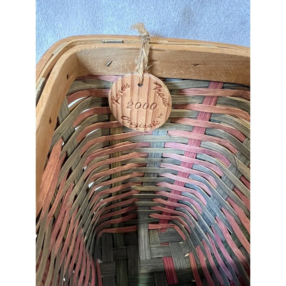 Karen Traub Originals Woven Basket 10x8x7 Tan Reds Greens Vintage 2000 LOVELY